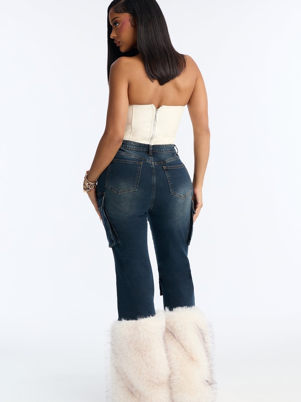 Fashion Nova Faux Fur Trim Cargo Flare Jeans NWT - Picture 4 of 4